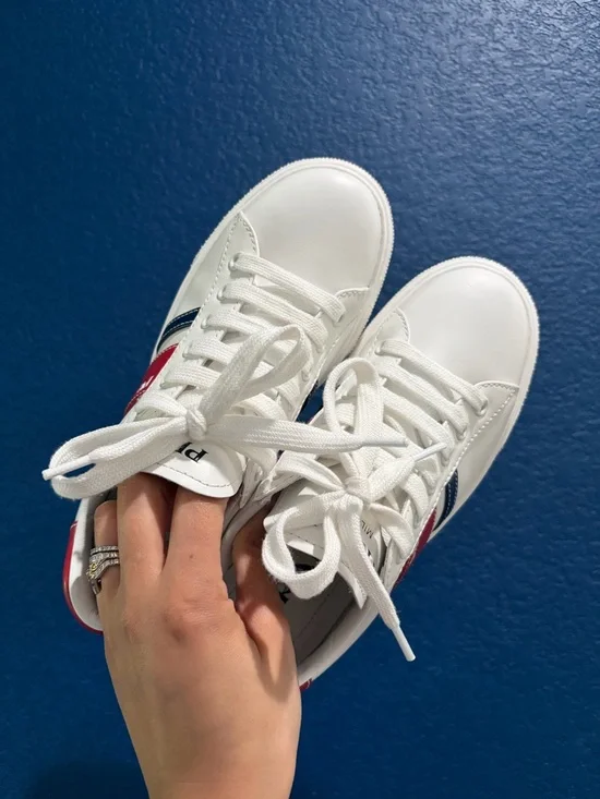 Prada White Leather Sneakers Red Stripe | Size 35 | Like New | Full Set - Picture 3 of 13